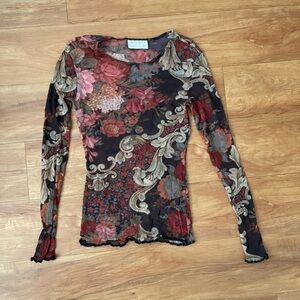 80’s Vintage XOXO Floral Nylon Sheer Long Sleeve Top Medium